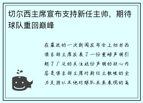 切尔西主席宣布支持新任主帅，期待球队重回巅峰