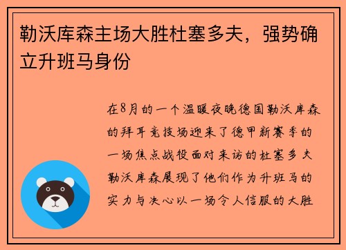 勒沃库森主场大胜杜塞多夫，强势确立升班马身份